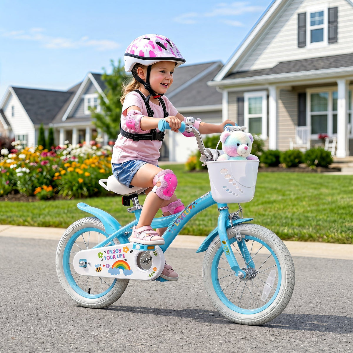 Girls kids bike with 12-18 inch wheels, training wheels, and front basket, perfect for young riders from GBruno Store.