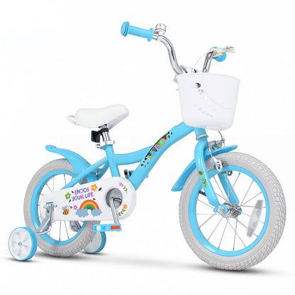 Girls kids bike with 12-18 inch wheels, training wheels, and a basket, featuring bright colors and a sturdy frame.