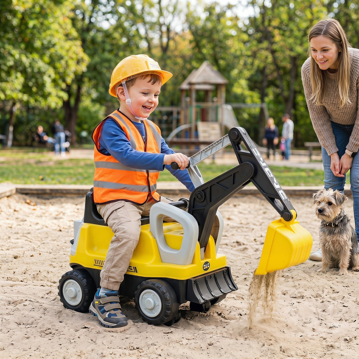Kids ride-on tractor with a digging arm and trailer, featuring bright colors and sturdy design for outdoor play.