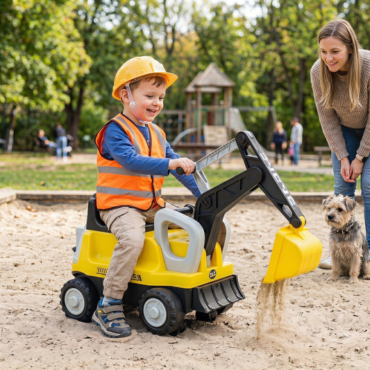 Kids ride-on tractor with a digging arm and trailer, featuring bright colors and sturdy design for outdoor play.