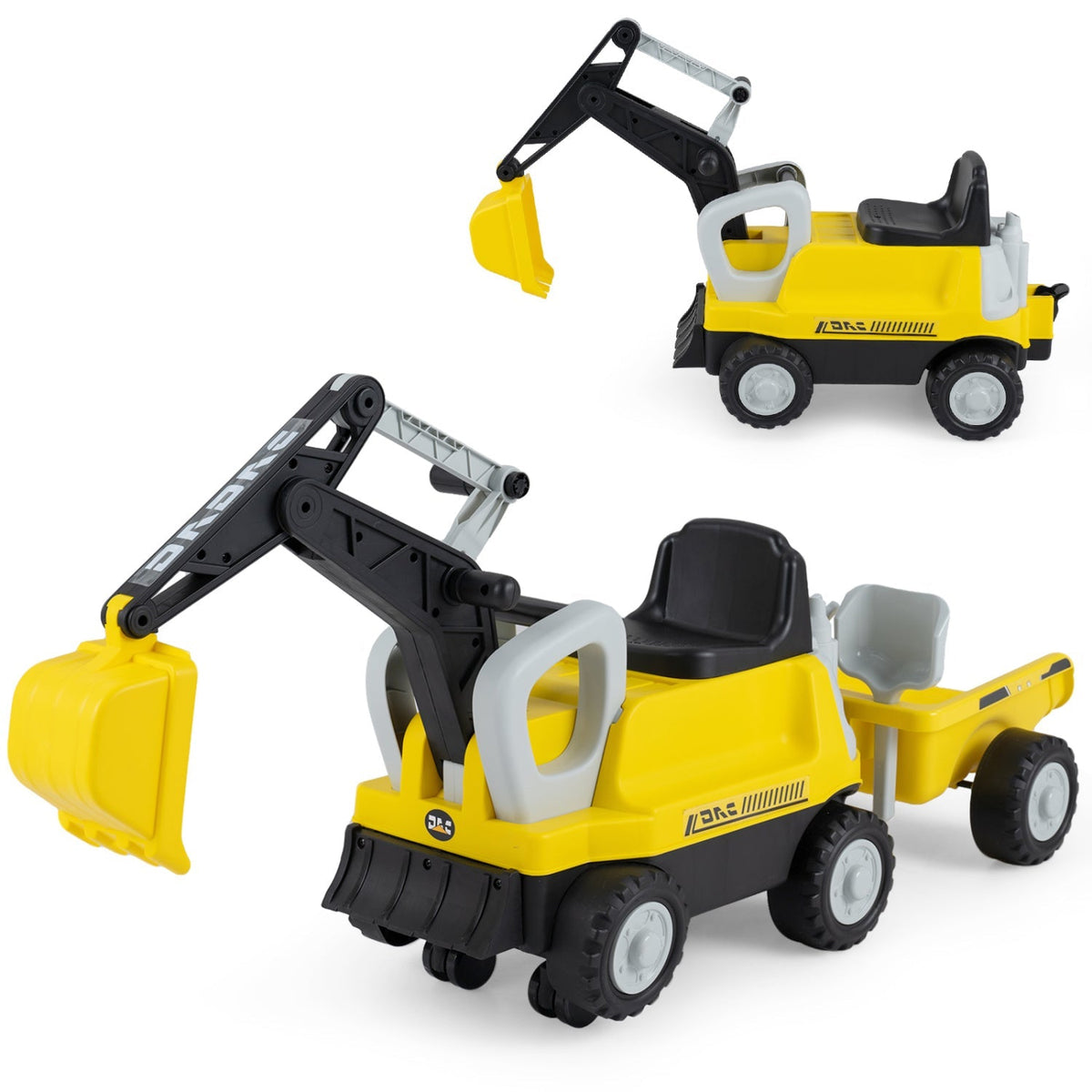 Kids ride-on tractor by GBruno Store with a digging arm and trailer, featuring bright colors and realistic farm toy details.