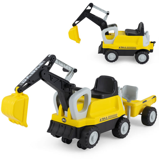 Kids ride-on tractor by GBruno Store with a digging arm and trailer, featuring bright colors and realistic farm toy details.