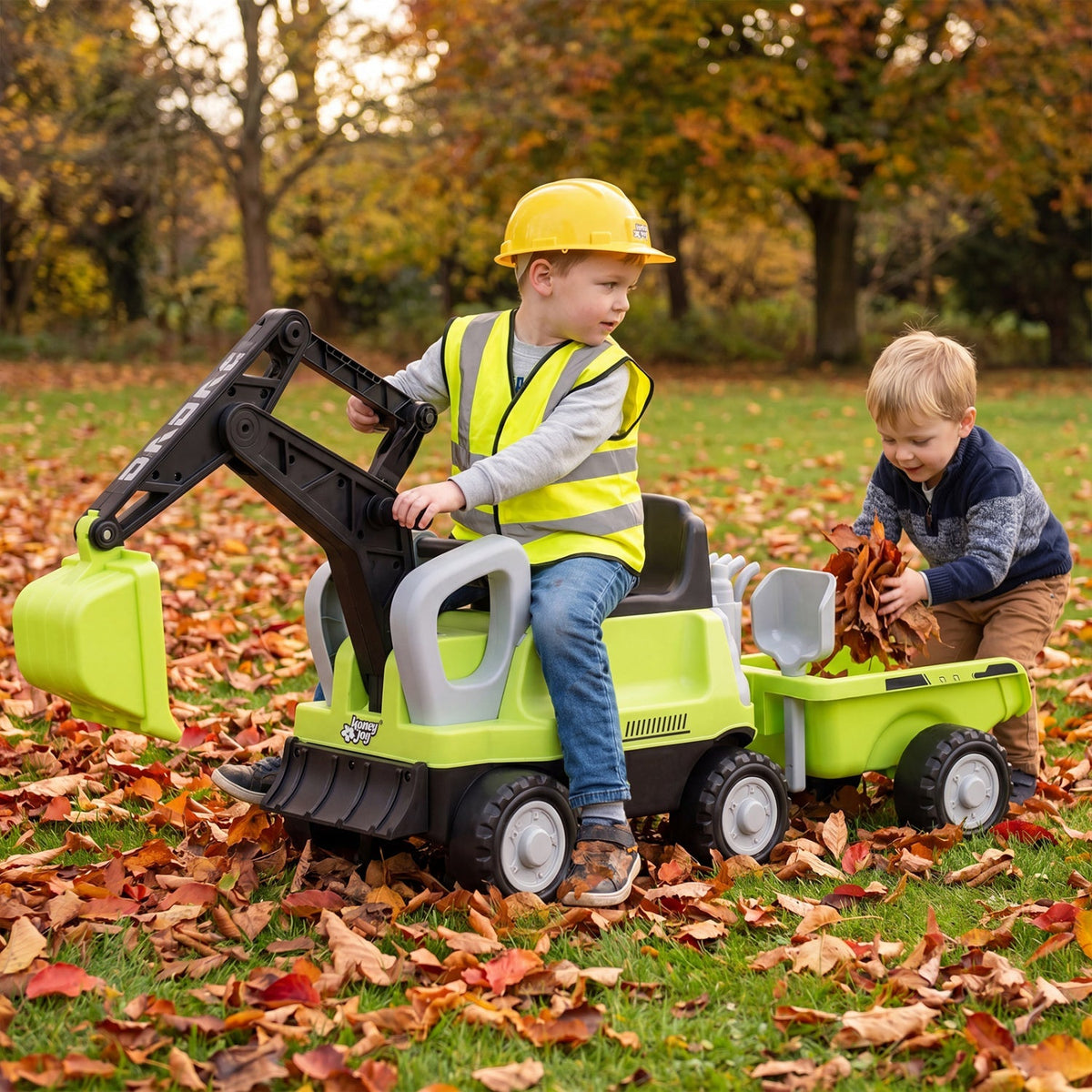 Kids riding a GBruno Store ride-on tractor with a digging arm and trailer, featuring bright yellow and black colors, outdoors.