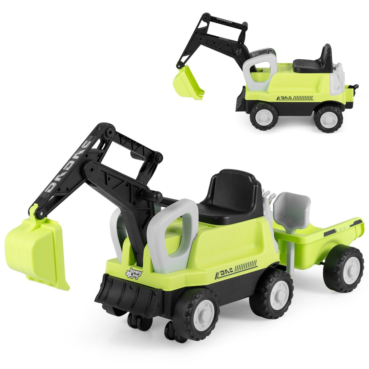 Kids riding a GBruno Store kids ride-on tractor with a digging arm and trailer, perfect for outdoor play and imaginative fun.