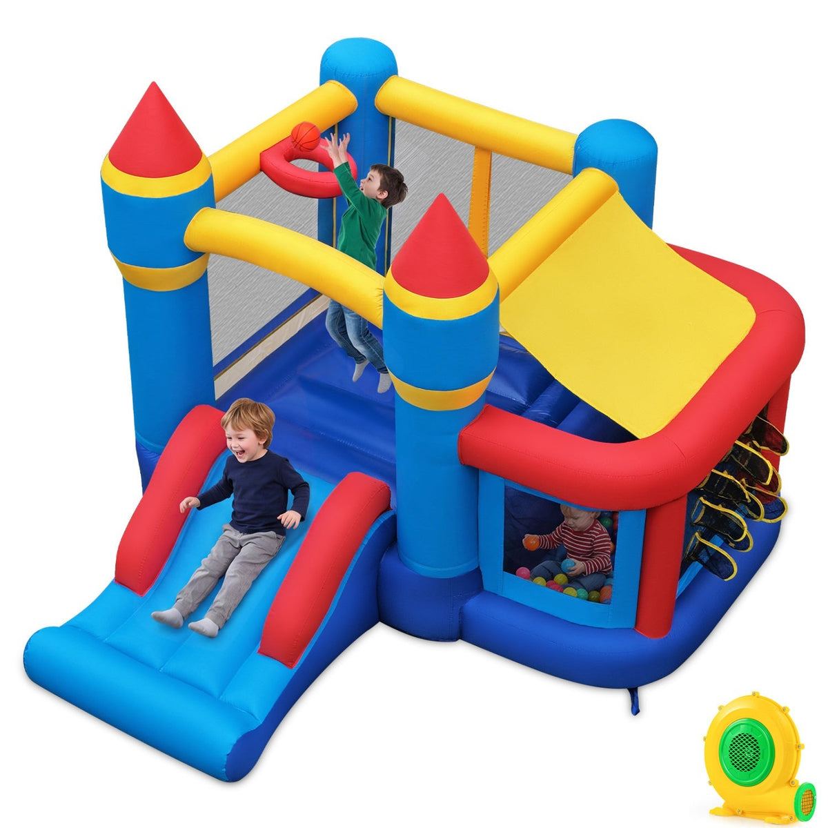 Colorful inflatable bounce house with slide and ball pit for kids, designed for outdoor play by GBruno Store.