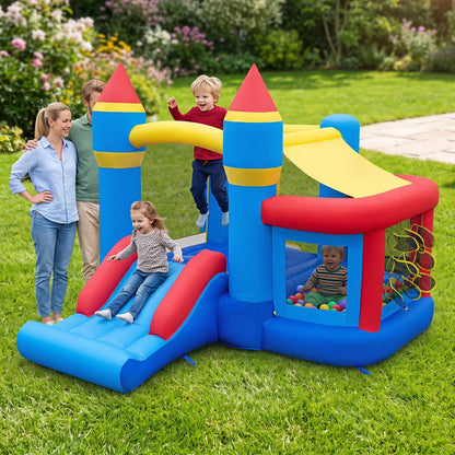 Colorful inflatable bounce house with slide and ball pit for kids, featuring vibrant design and safety mesh sides by GBruno Store.