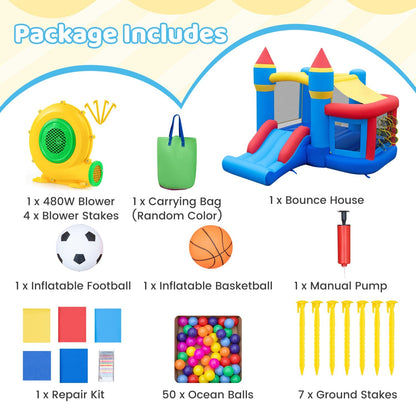 Colorful inflatable bounce house with slide and ball pit for kids, featuring vibrant design and safety mesh sides.
