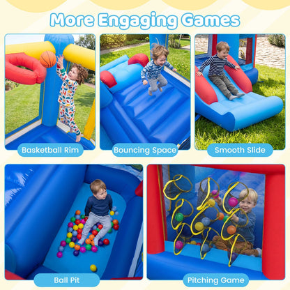 Colorful inflatable bounce house with slide and ball pit for kids by GBruno Store, featuring vibrant designs and safety mesh sides.
