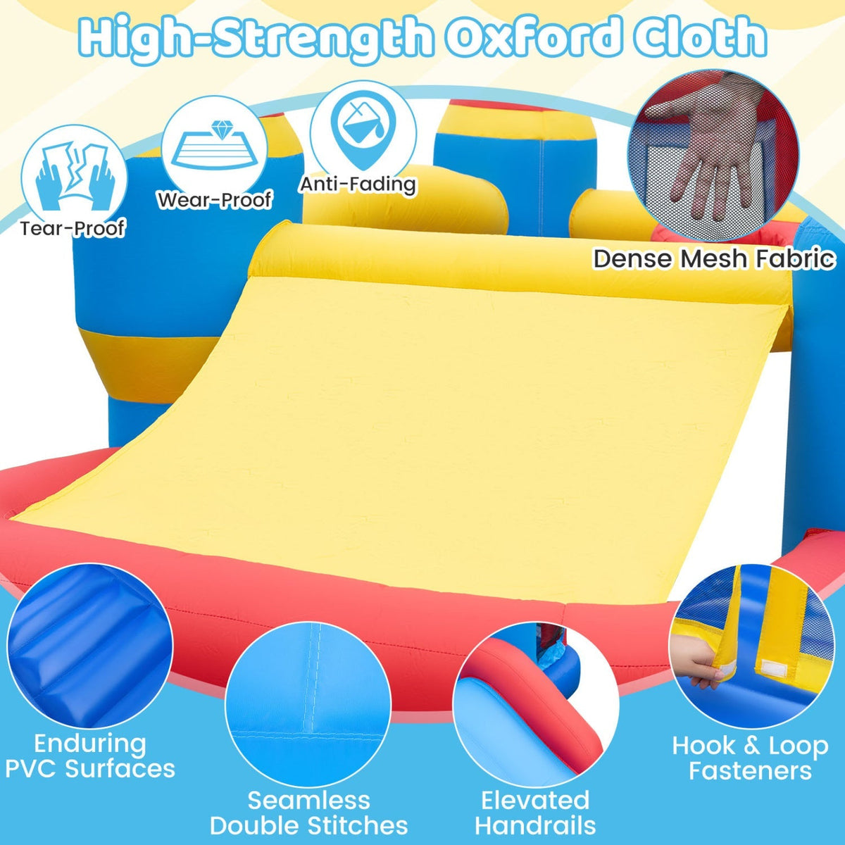 Colorful GBruno Store inflatable bounce house with slide and ball pit for kids, featuring vibrant play areas and soft safety surface.