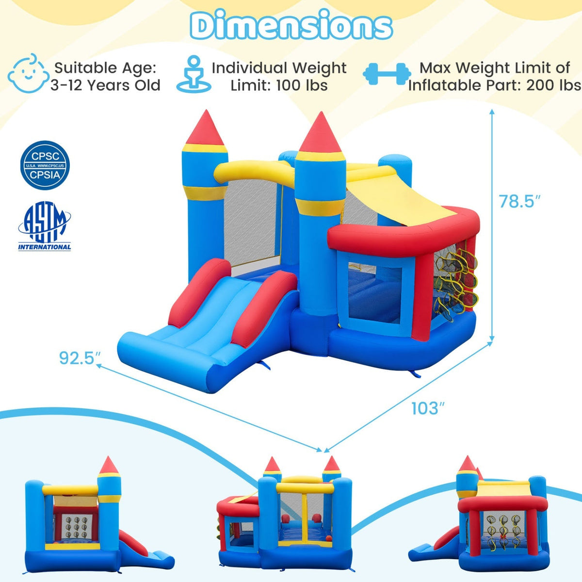 Colorful inflatable bounce house with slide and ball pit for kids, featuring vibrant design and safety features from GBruno Store.