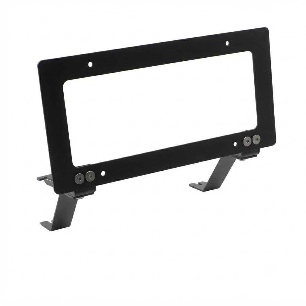 U.S. standard front license plate frame for Tesla Model 3 and Model Y, black metal with mounting holes.