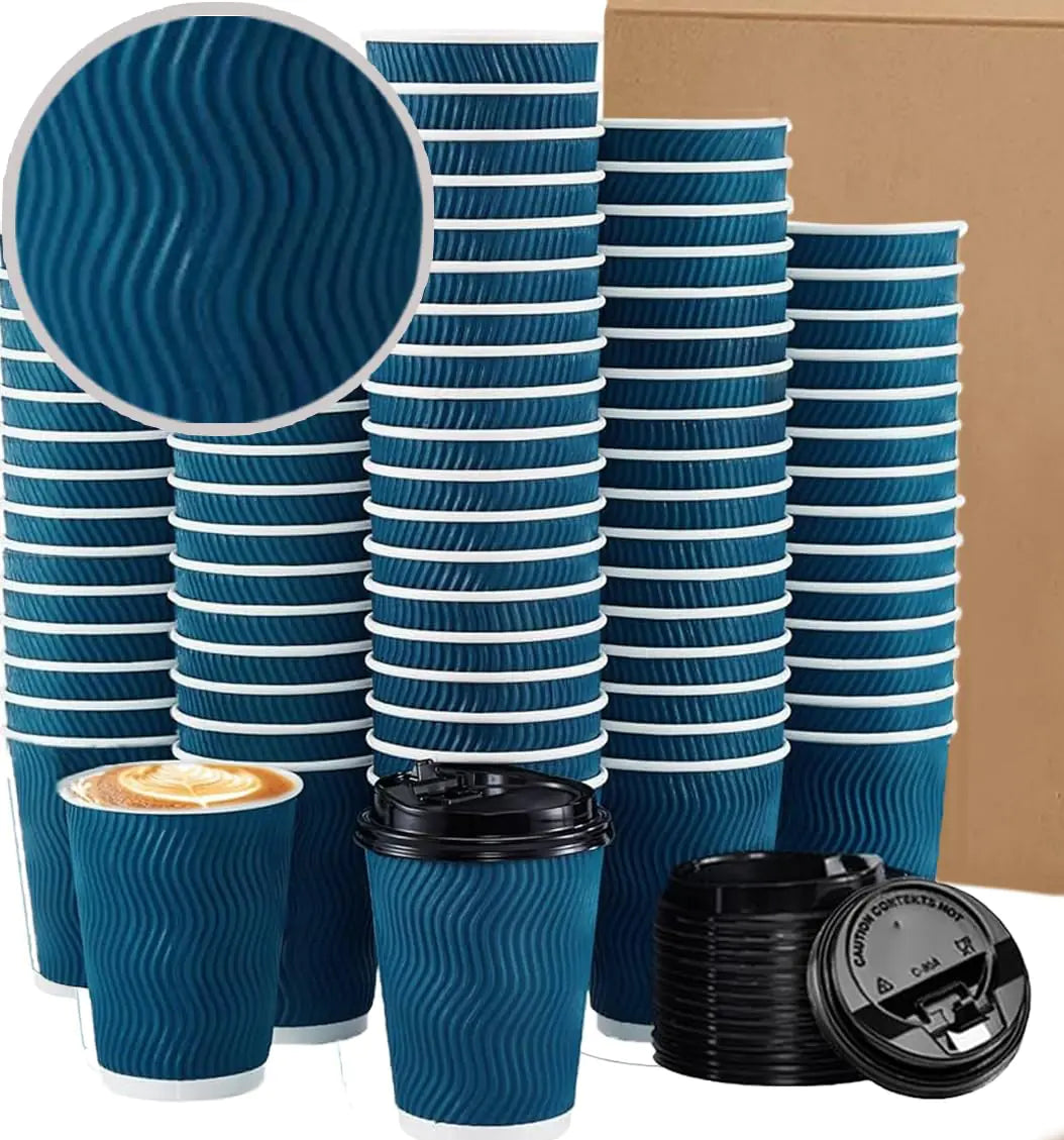 FAMASTON 12oz Insulated Coffee Cups with Lids Ripple Wall Disposable Paper for Hot & Cold Drinks | Travel-Friendly Set for Tea Espresso Office Parties Halloween Christmas - 50 Count (Blue)