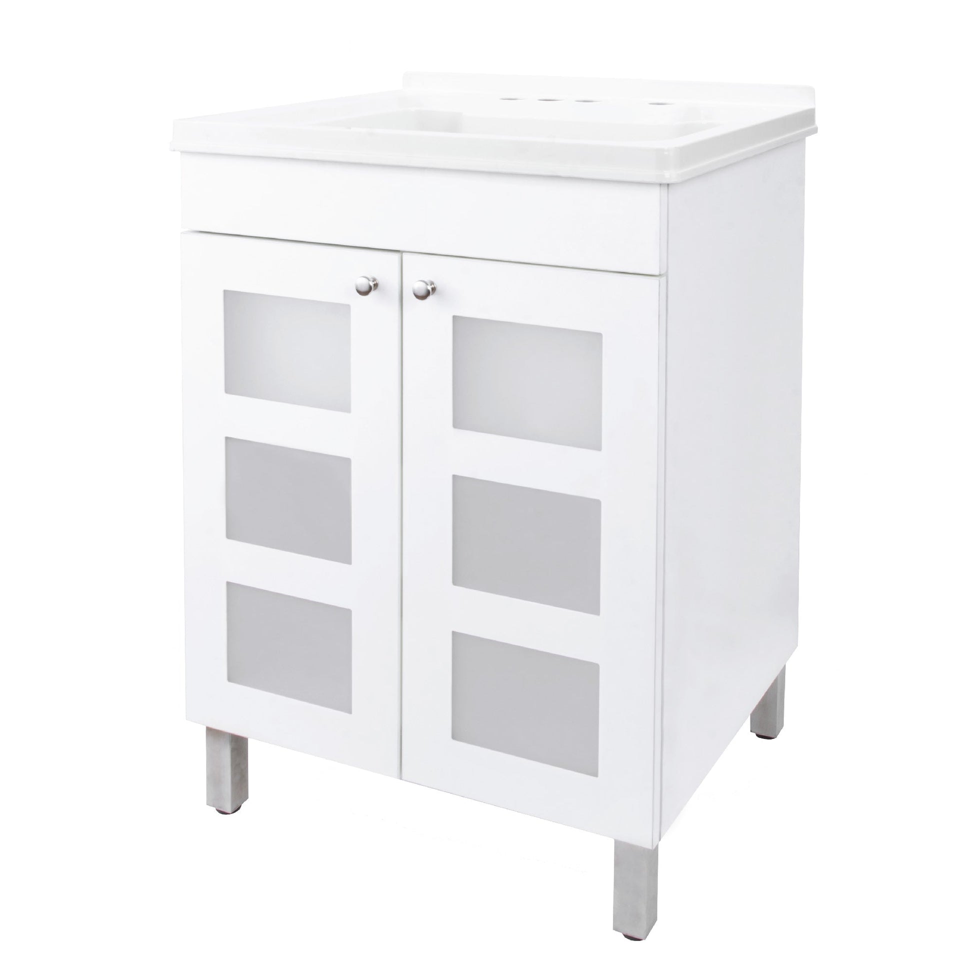 Tehila white cabinet vanity with utility sink, no supply lines or strainer basket, ideal for bathroom or laundry room.