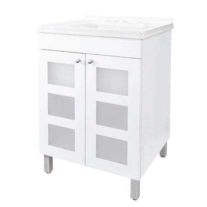 Tehila white cabinet vanity with utility sink, no supply lines or strainer basket, ideal for bathroom or laundry room.