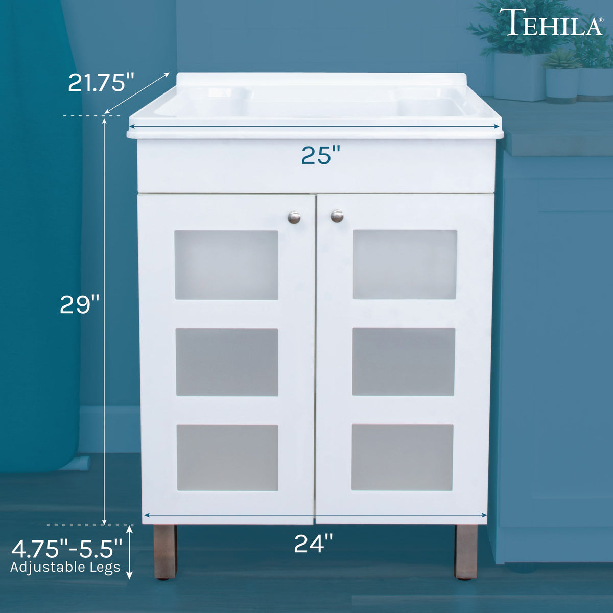 Tehila white cabinet vanity with utility sink, no supply lines or strainer basket, modern bathroom storage and sink unit.