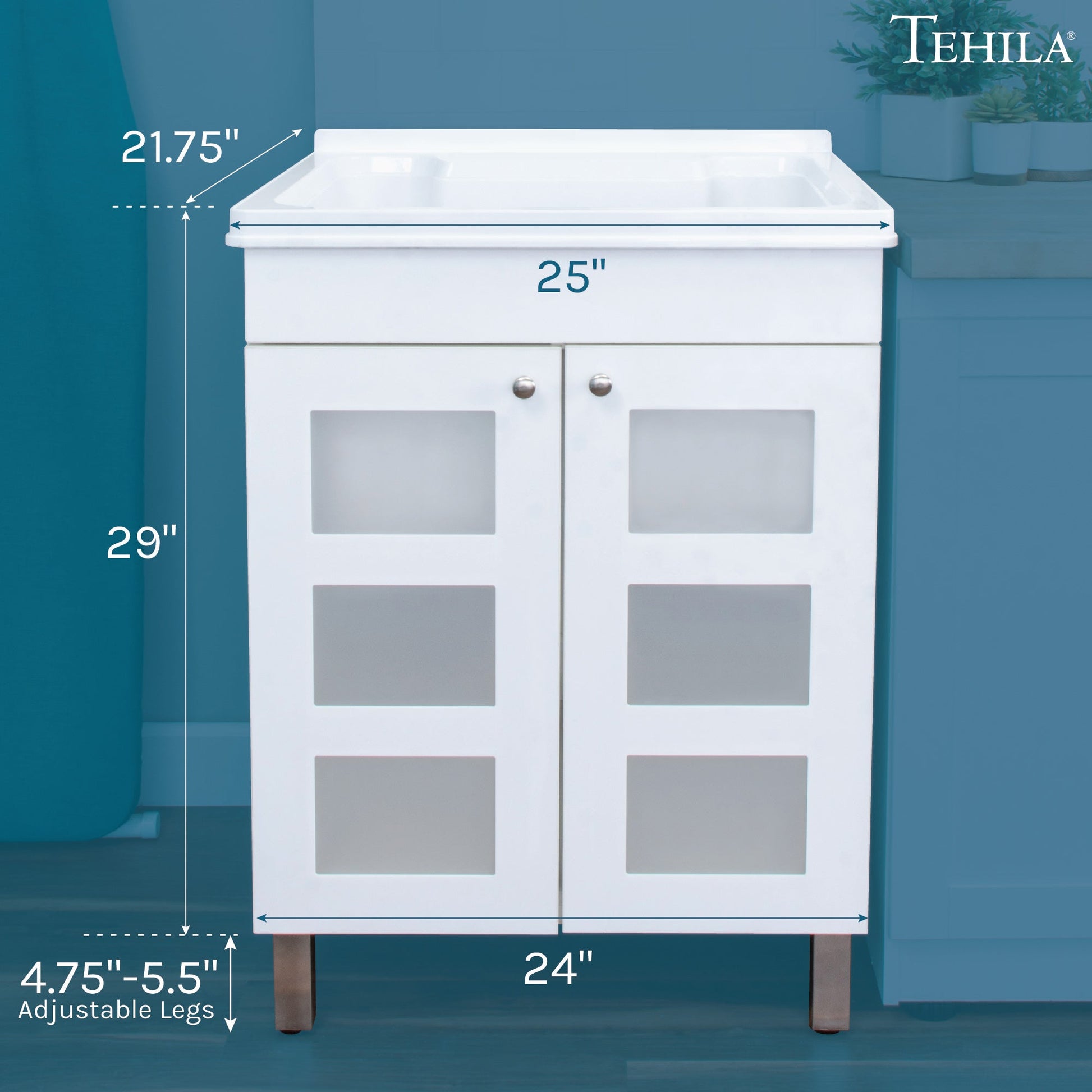 Tehila white cabinet vanity with utility sink, no supply lines or strainer basket, modern bathroom storage and sink unit.