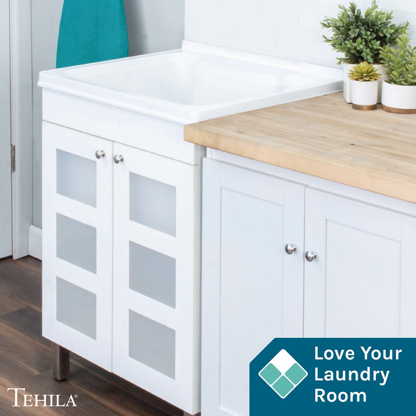 Tehila white cabinet vanity with utility sink, showcasing sleek design, no supply lines, no strainer basket, from Utility-Sink.com