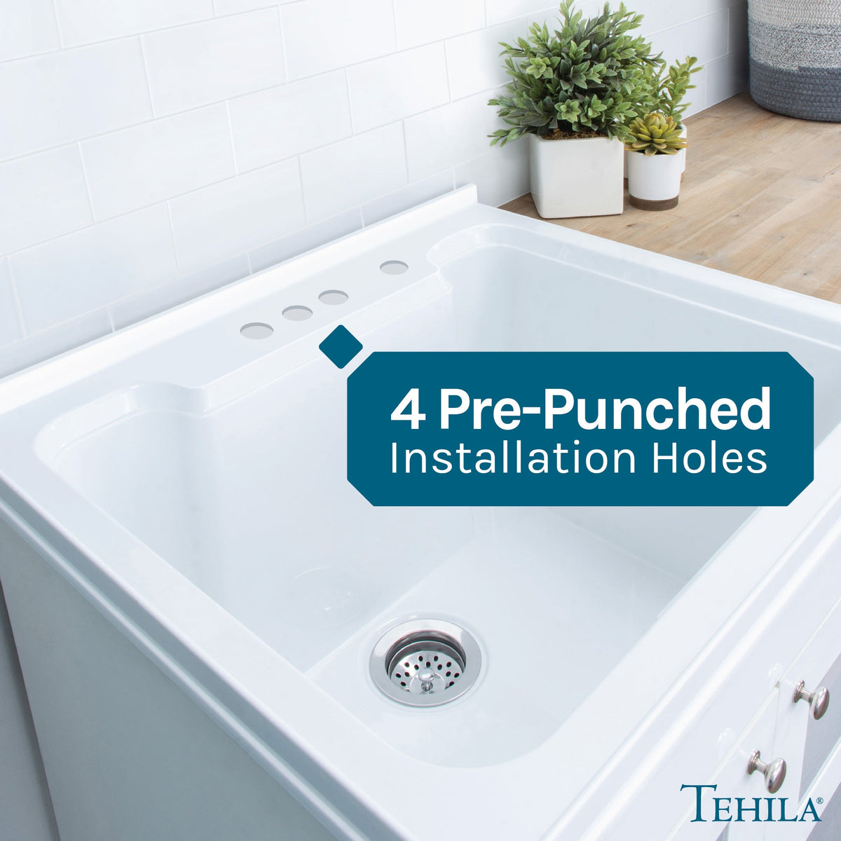 Tehila White Vanity Cabinet with Utility Sink, no supply lines or strainer basket, showcasing modern bathroom storage and sink setup.