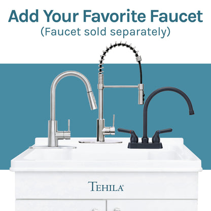 Tehila white vanity cabinet with matching utility sink, no supply lines or strainer basket, perfect for bathroom or utility space.