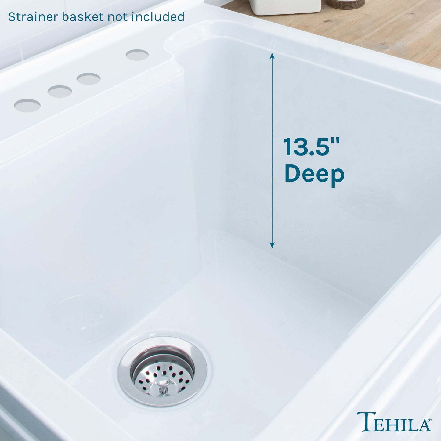 Tehila white vanity cabinet with utility sink, no supply lines or strainer basket, modern bathroom or laundry room fixture