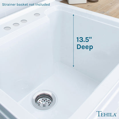 Tehila white vanity cabinet with utility sink, no supply lines or strainer basket, modern bathroom or laundry room fixture
