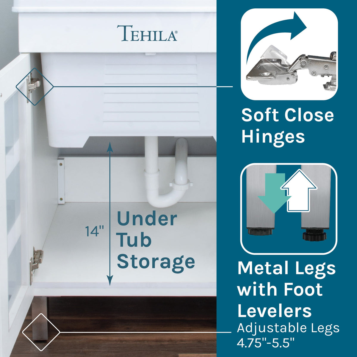Tehila White Vanity Cabinet with Utility Sink, no supply lines or strainer basket, featuring a sleek modern design for bathroom or laundry.
