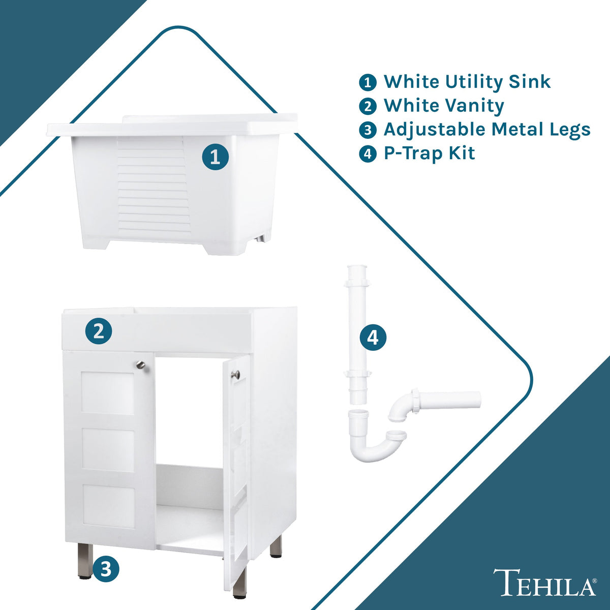 Tehila white cabinet vanity with utility sink, no supply lines or strainer basket, modern bathroom storage and sink combo.