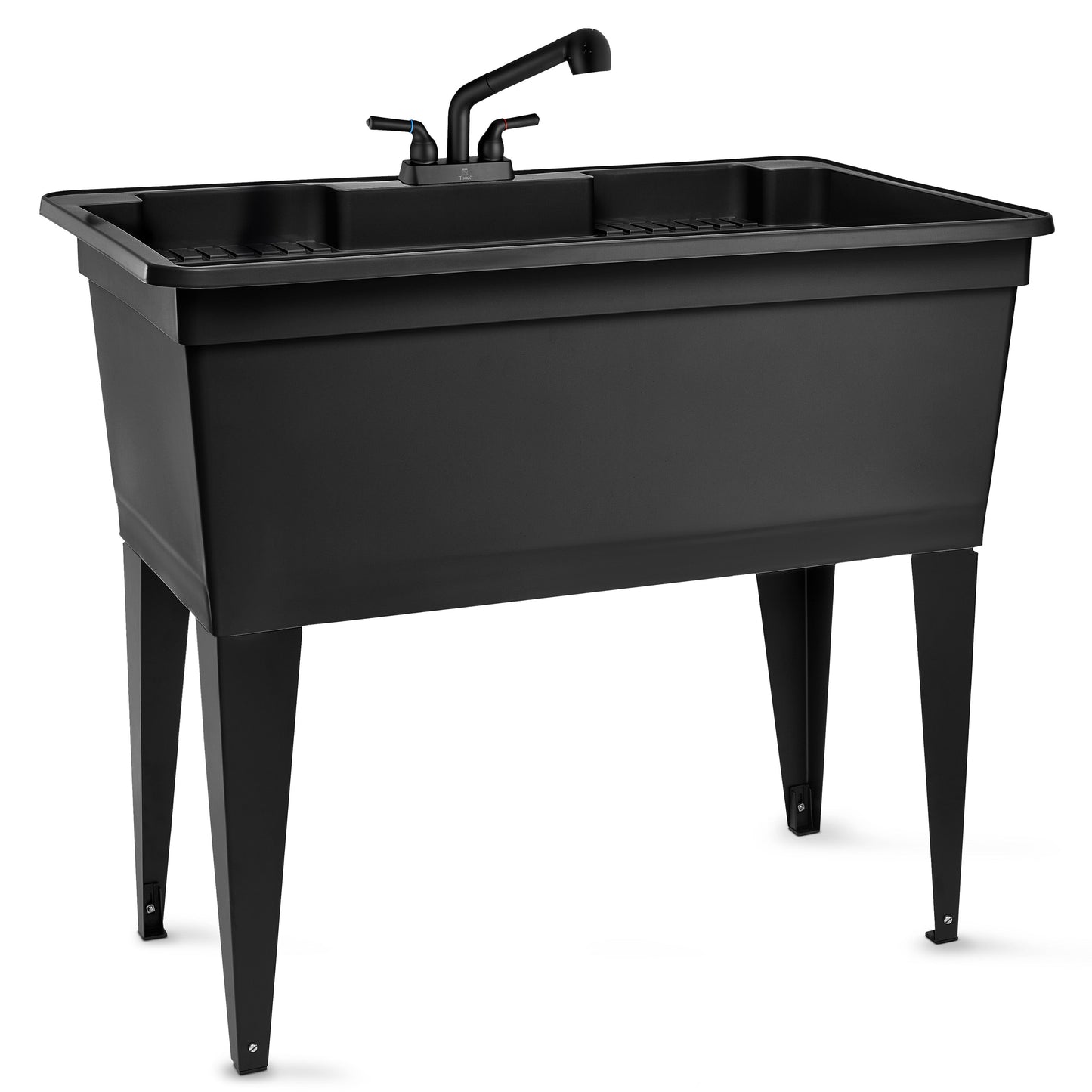 Black freestanding double-wide utility sink with steel legs and pull-out faucet, ideal for laundry, kitchen, or commercial use.