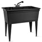Black freestanding double-wide utility sink with steel legs and pull-out faucet, ideal for laundry, kitchen, or commercial use.