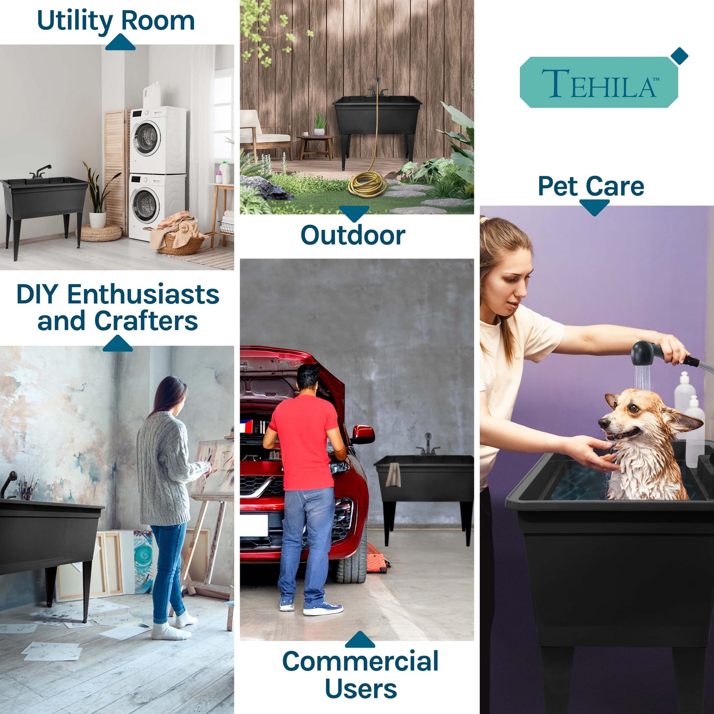 Tehila freestanding double-wide black utility sink with steel legs and black pull-out faucet, suitable for laundry and kitchen use.