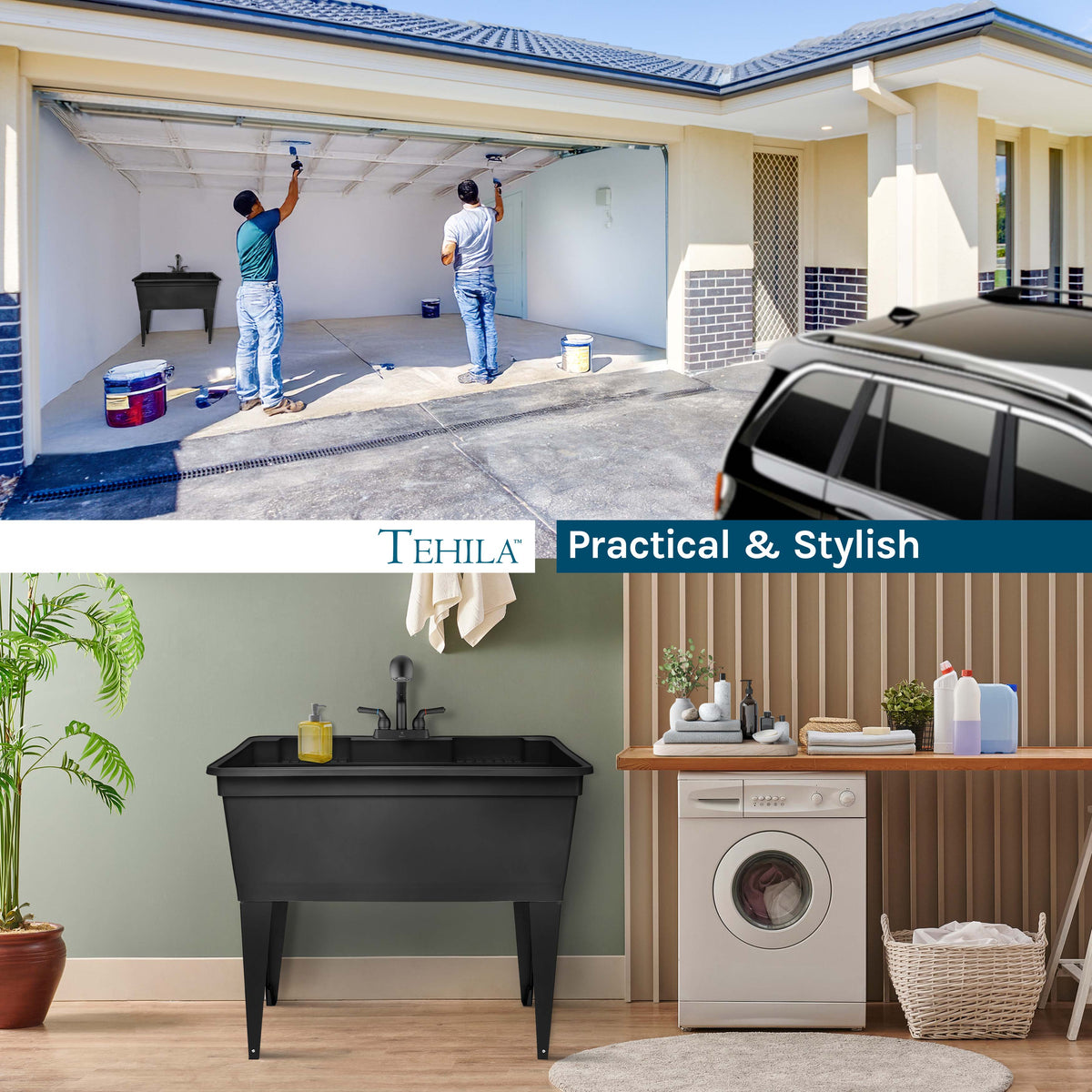 Black freestanding double-wide utility sink with steel legs and pull-out faucet, ideal for laundry and kitchen use in homes and businesses.