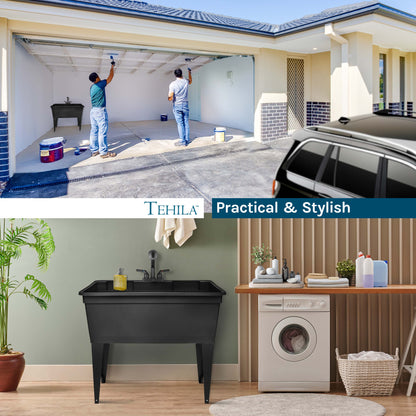 Black freestanding double-wide utility sink with steel legs and pull-out faucet, ideal for laundry and kitchen use in homes and businesses.