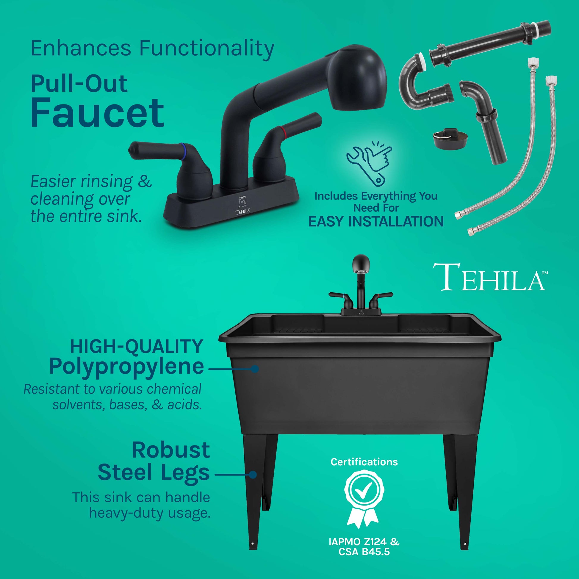 Tehila freestanding double-wide black utility sink with steel legs and black pull-out faucet for laundry and kitchen use.