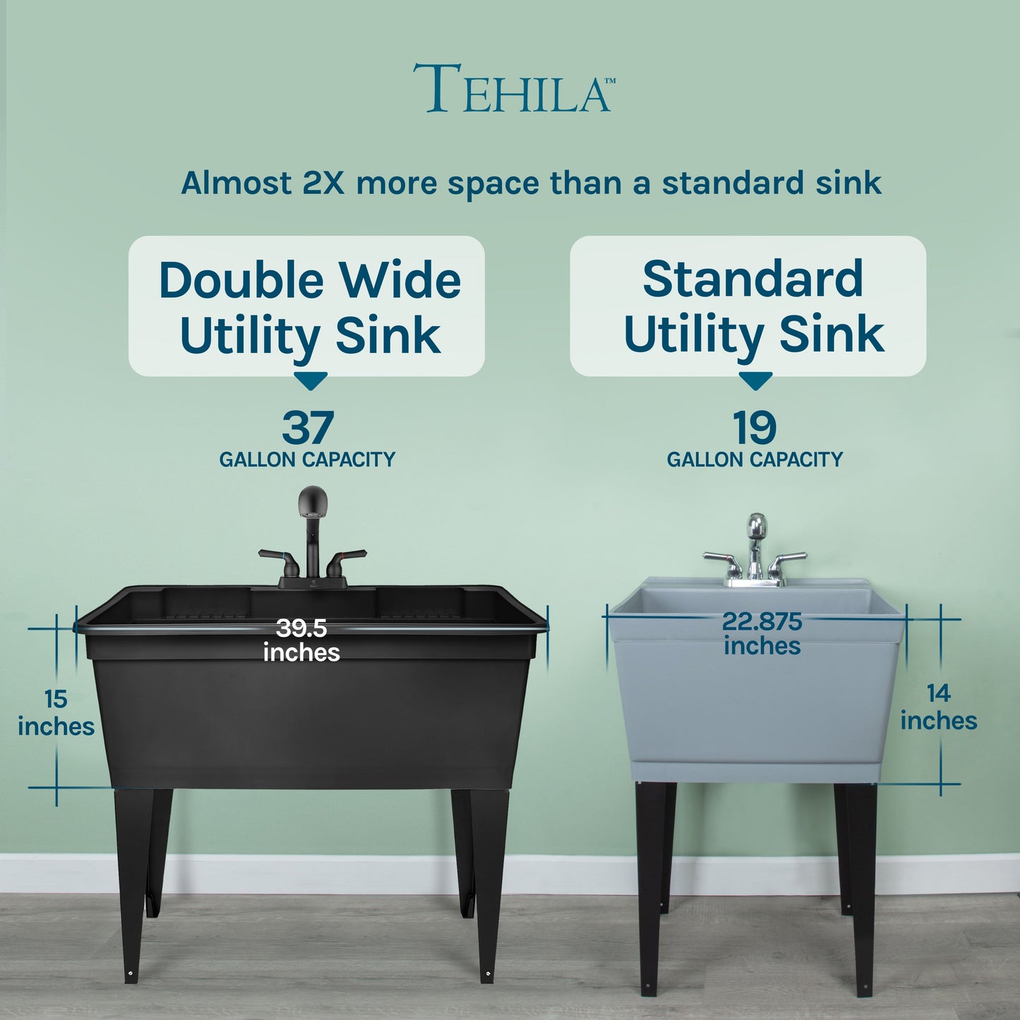 Tehila black freestanding double-wide utility sink with steel legs and pull-out faucet, ideal for laundry, kitchen, or business use.