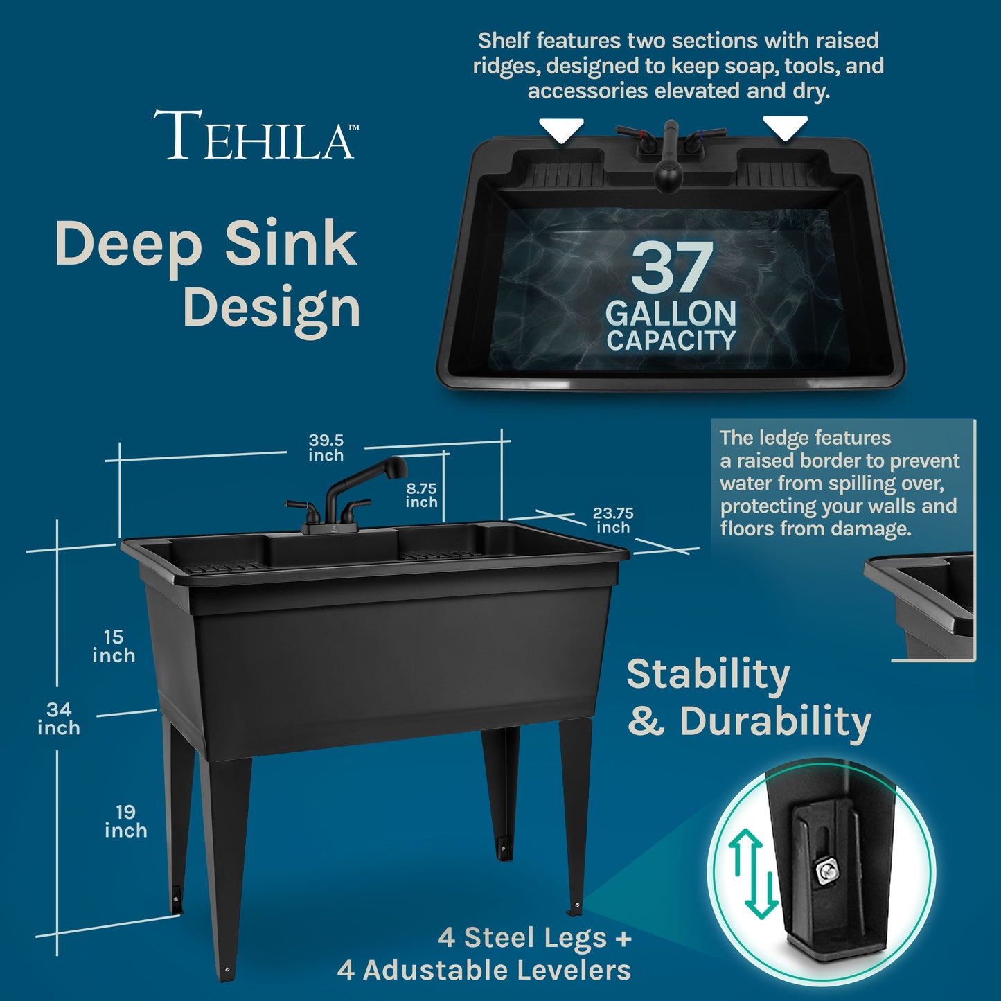 Black freestanding double-wide utility sink by Utility-Sink.com with steel legs and pull-out faucet, suitable for laundry and kitchen use.