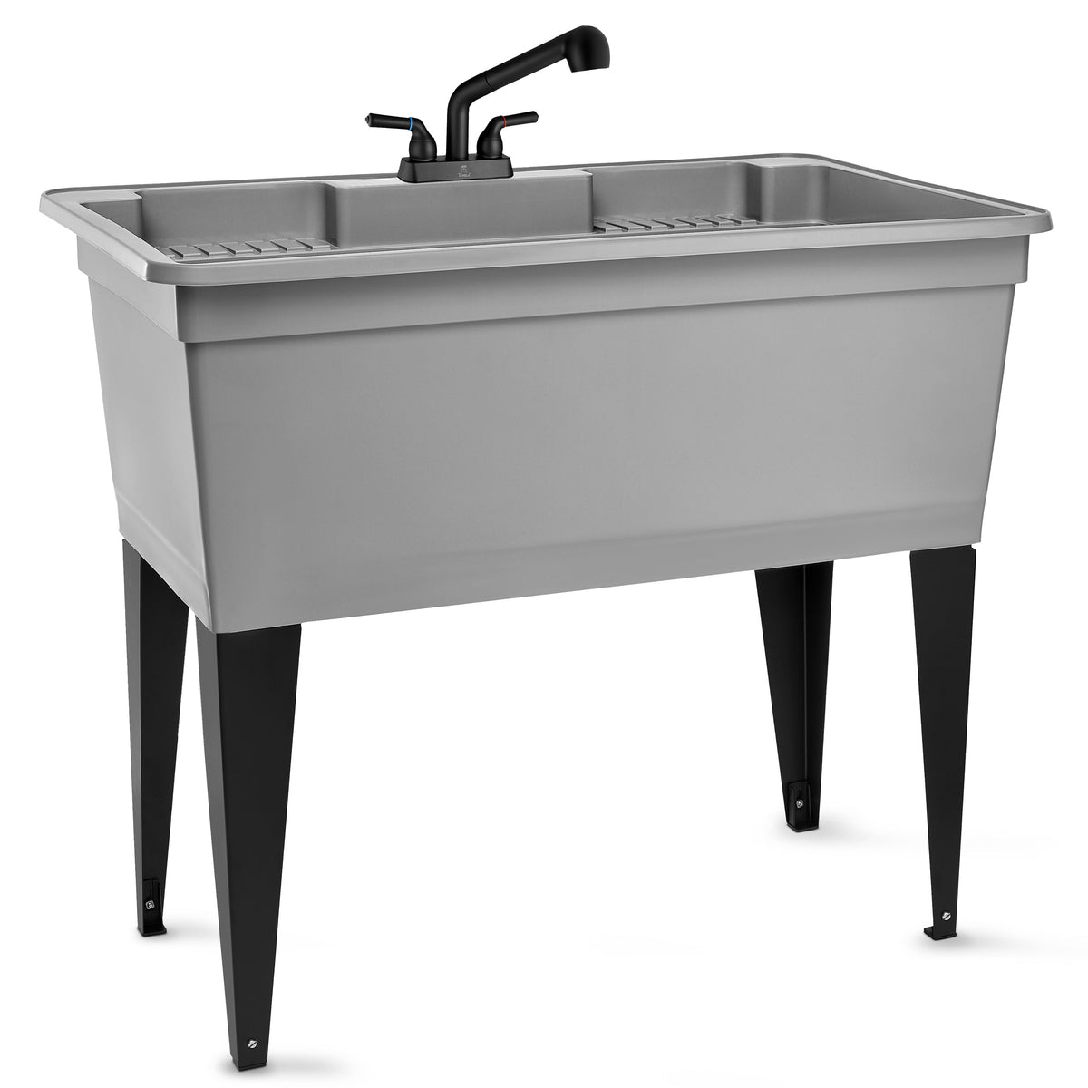 Grey freestanding double-wide utility sink with steel legs and black pull-out faucet, ideal for laundry and kitchen use.