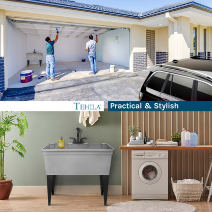 Tehila freestanding double-wide grey utility sink with steel legs and black pull-out faucet, ideal for laundry and kitchen use.