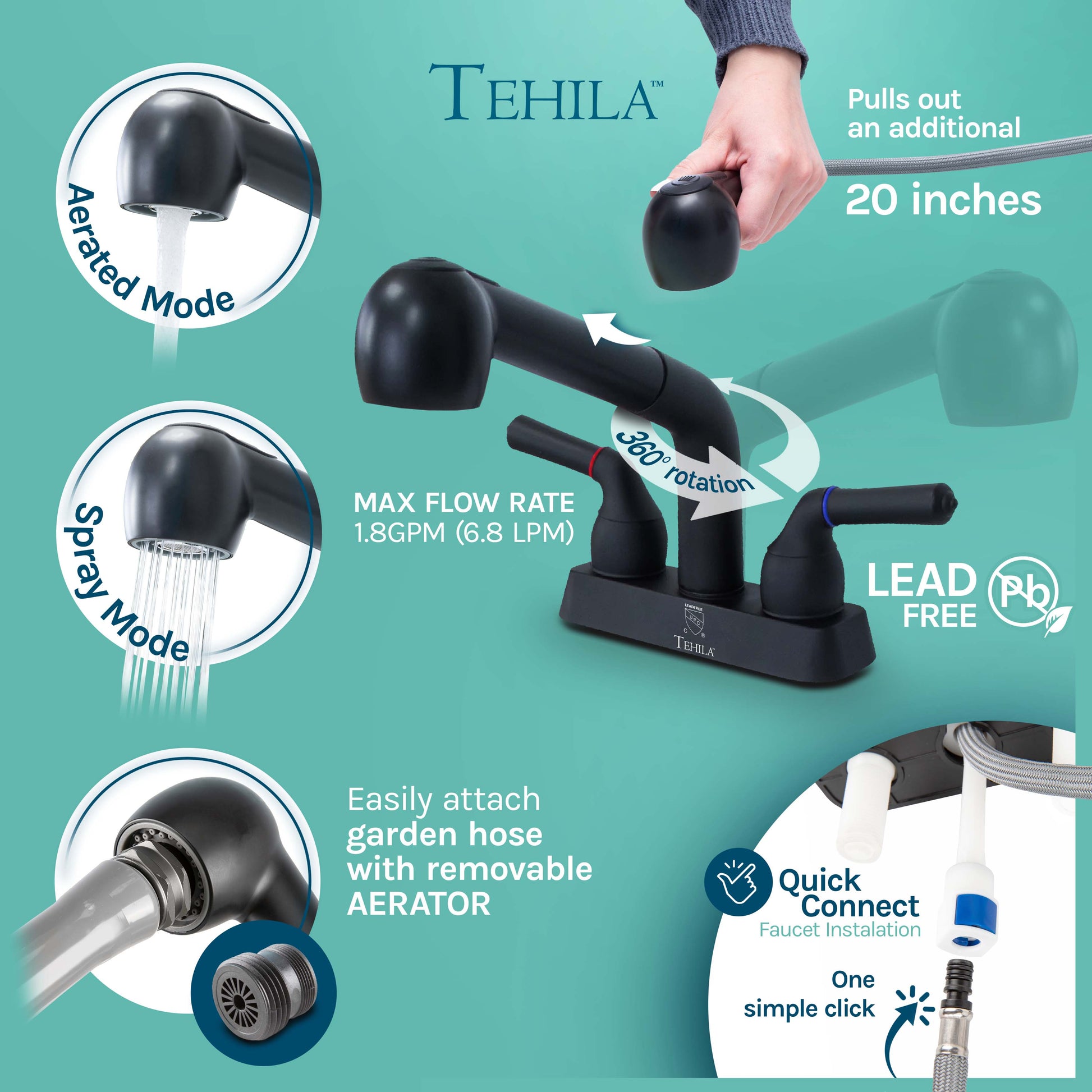 Tehila freestanding double-wide grey utility sink with steel legs and black pull-out faucet, ideal for laundry and kitchen use.