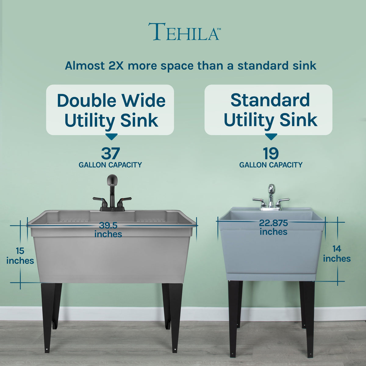 Grey freestanding utility sink with steel legs and black pull-out faucet, ideal for laundry, kitchen, or commercial use.