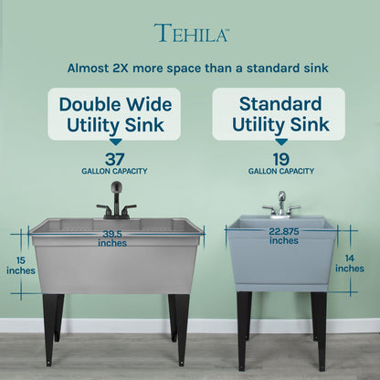 Grey freestanding utility sink with steel legs and black pull-out faucet, ideal for laundry, kitchen, or commercial use.