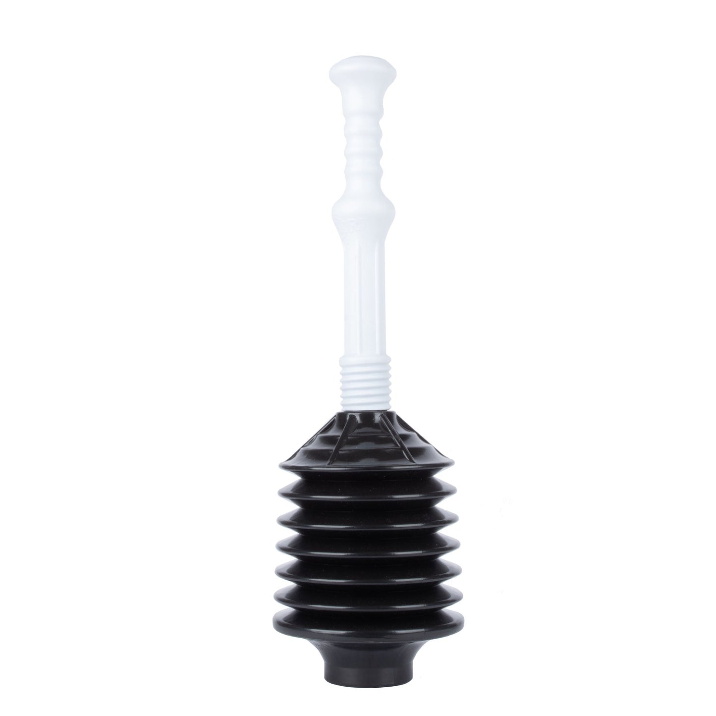 Black and white Bellows Accordion Toilet Plunger by Utility-Sink.com with flexible, accordion-style rubber bellows for effective clog removal.