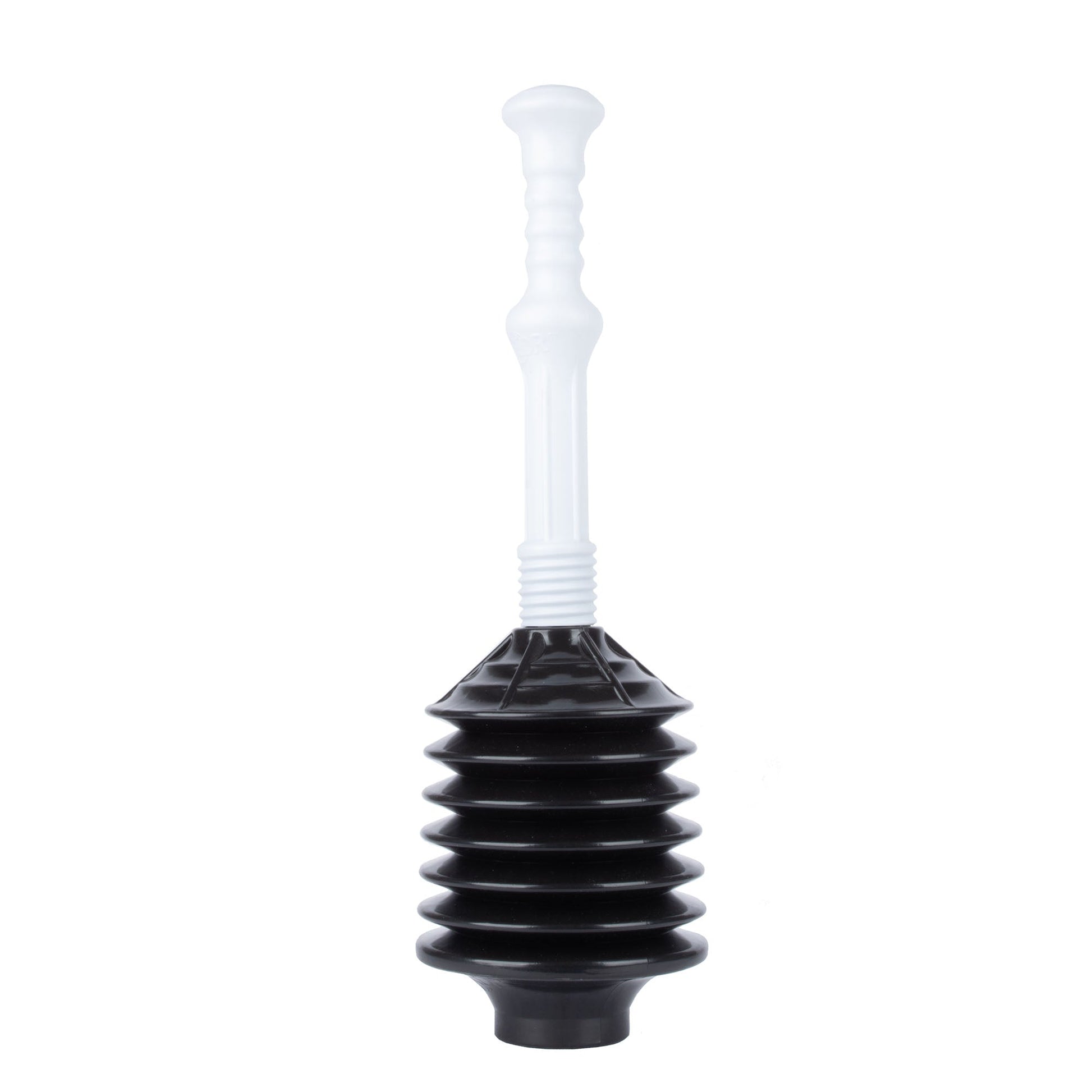 Black and white Bellows Accordion Toilet Plunger by Utility-Sink.com with flexible, accordion-style rubber bellows for effective clog removal.