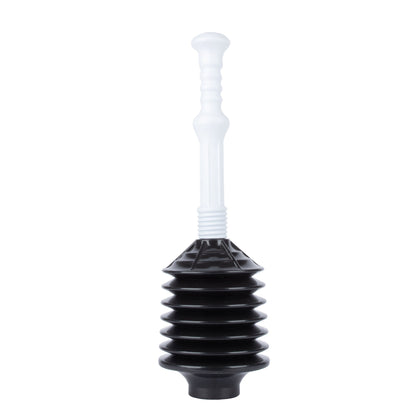Black and white Bellows Accordion Toilet Plunger by Utility-Sink.com with flexible, accordion-style rubber bellows for effective clog removal.