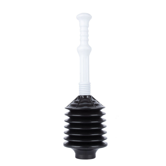 Black and white Bellows Accordion Toilet Plunger by Utility-Sink.com with flexible, accordion-style rubber bellows for effective clog removal.
