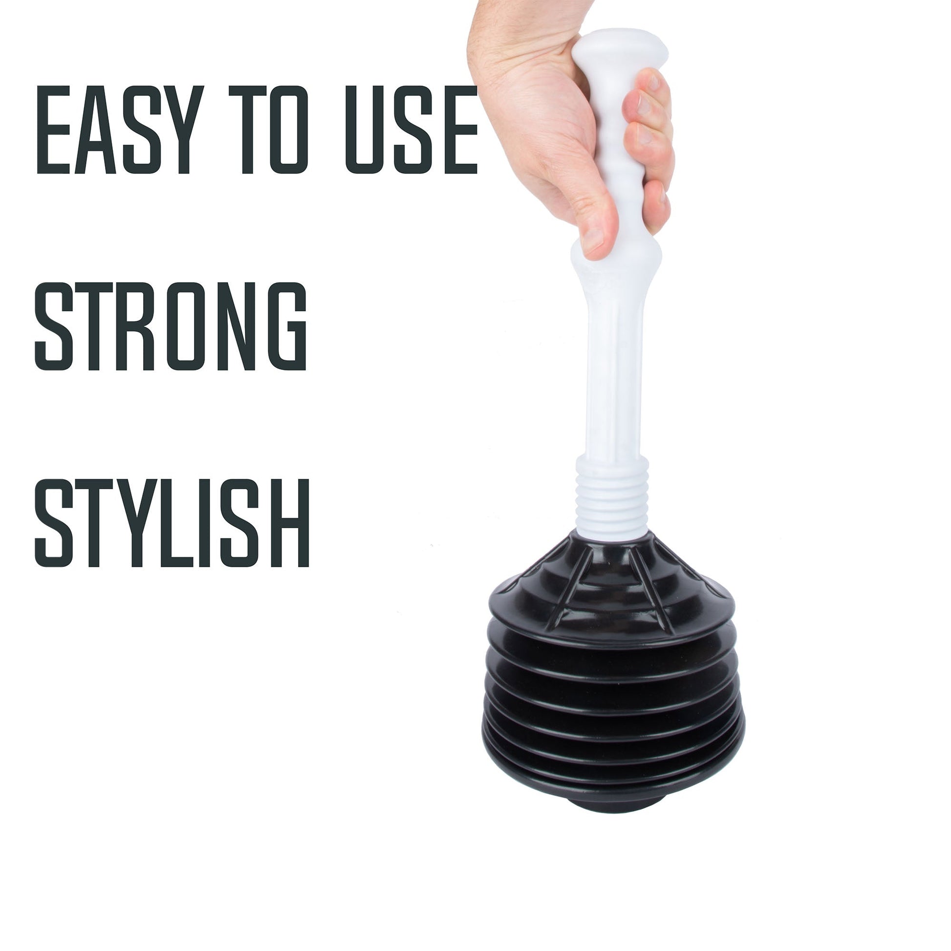 Black and white bellows accordion toilet plunger with rubber cup and handle for effective clog removal.