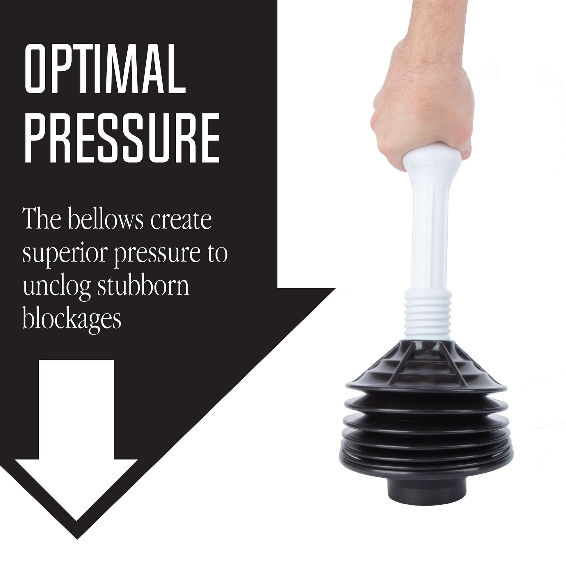 Black and white bellows accordion toilet plunger with wooden handle, designed for effective clog removal.