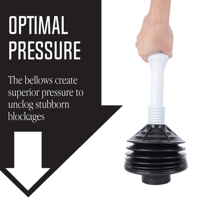 Black and white bellows accordion toilet plunger with wooden handle, designed for effective clog removal.
