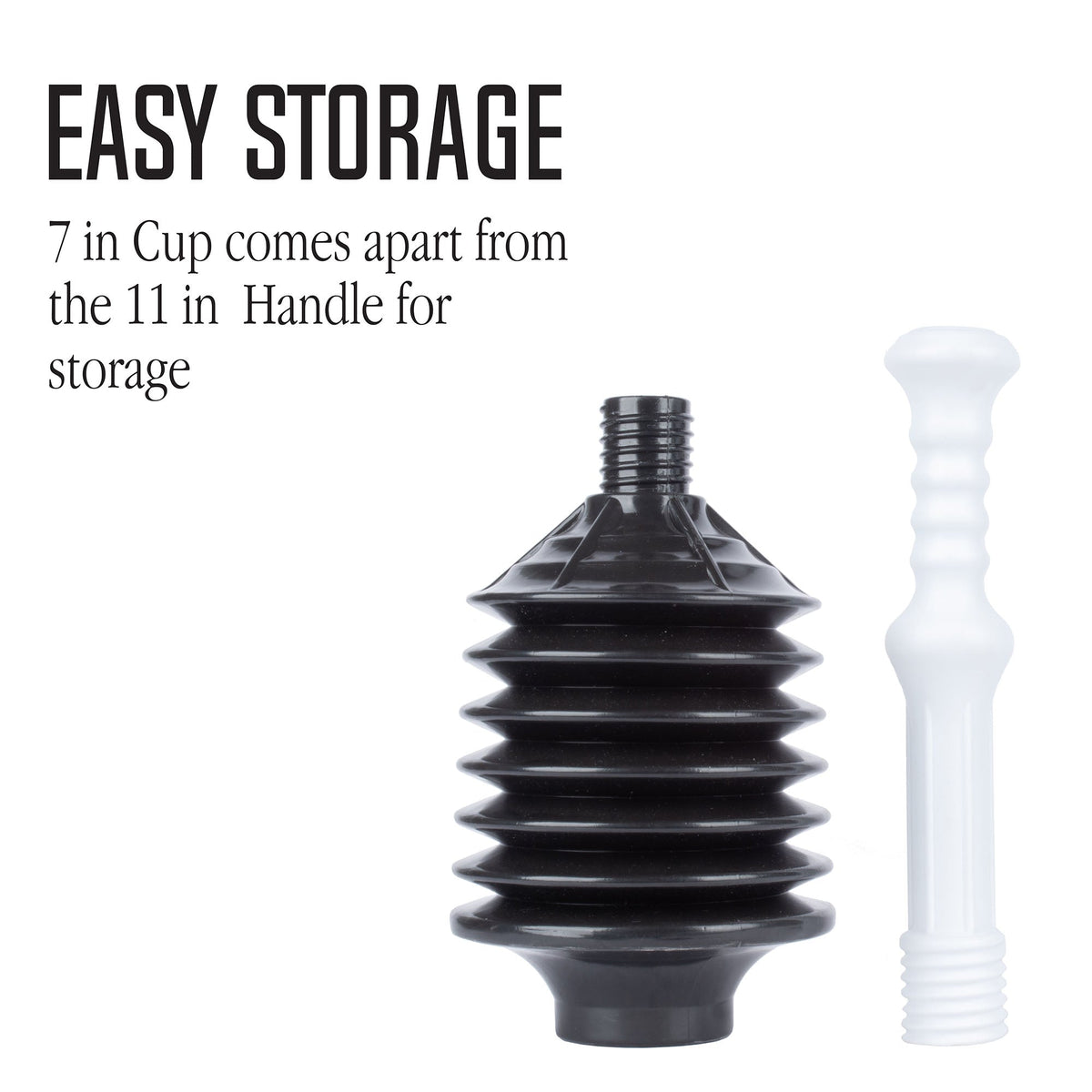 Black and white bellows accordion toilet plunger with handle, designed for effective clog removal.