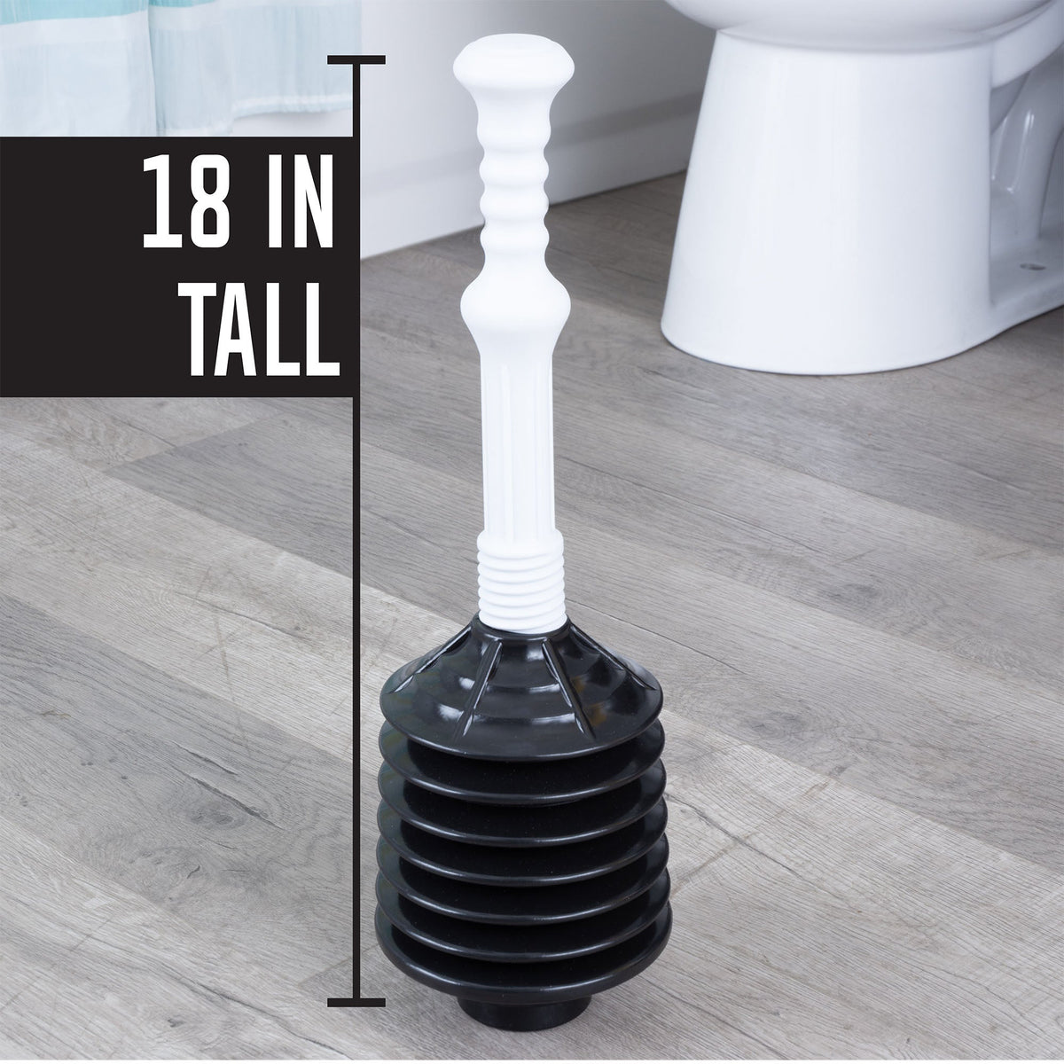 Black and white bellows accordion toilet plunger by Utility-Sink.com with rubber cup and flexible handle for effective clog clearing