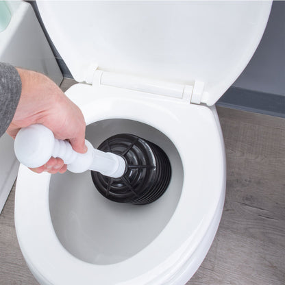 Black and white Bellows Accordion Toilet Plunger, durable rubber seal, and ergonomic handle for effective plumbing unclogging.